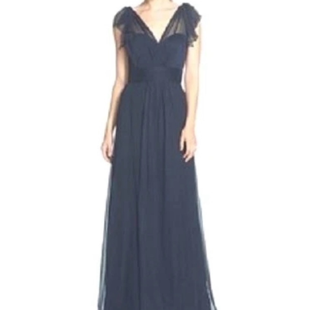 Amsale Flutter Sleeve Silk Chiffon Midnight Blue Pacific Gown
